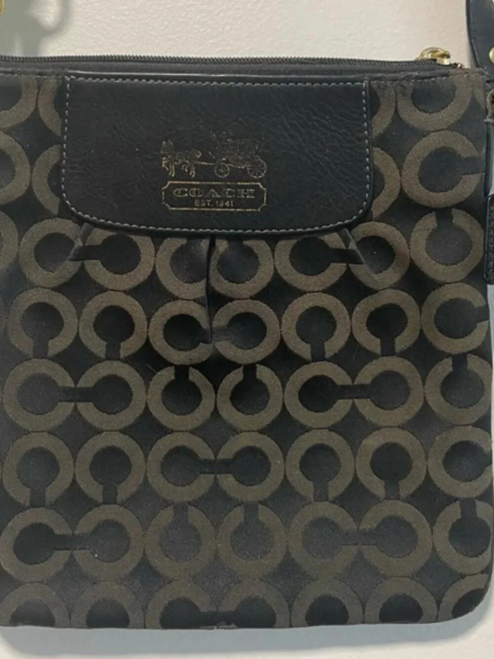 Coach Signature Black and Brown Jacquard Fabric  Crossbody Bag with Leather Trim